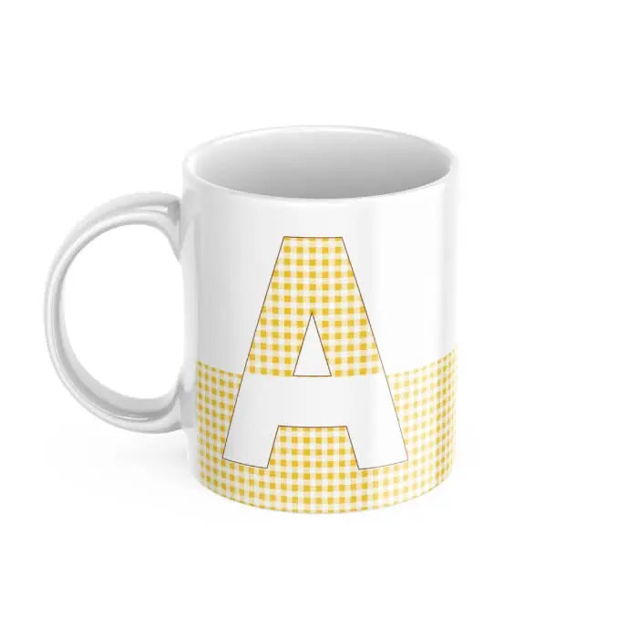 Taza inicial vichy amarilla con nombre, foto o dedicatoria