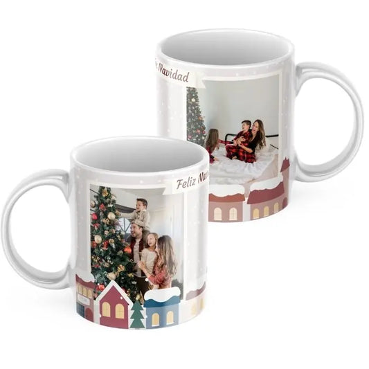 Taza poblado navideño con dos fotos