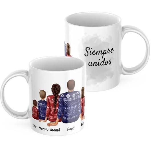 Taza familia con jerseys navideños y dedicatoria