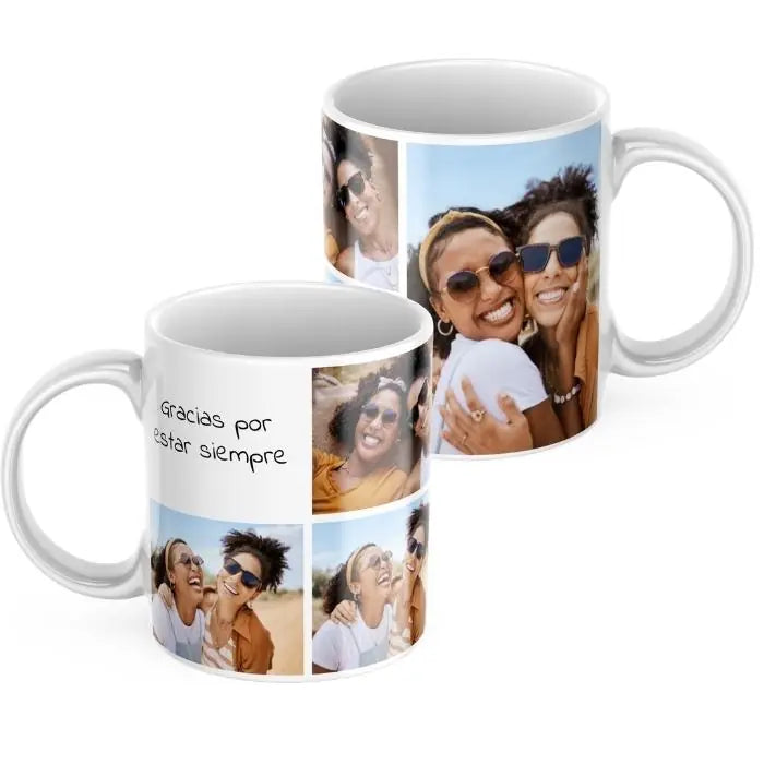 Taza collage con frase y 4 fotos