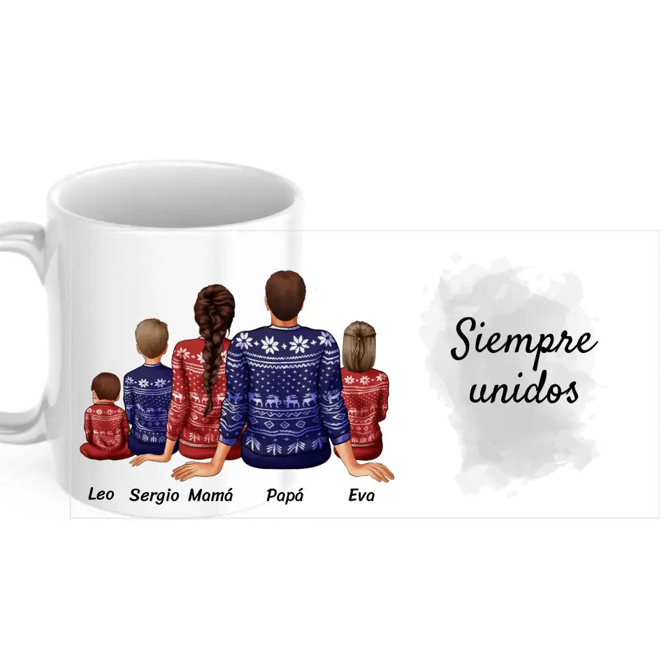 Taza familia con jerseys navideños y dedicatoria