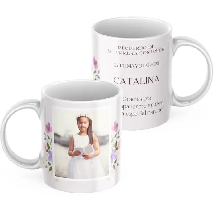 Taza comunión rosa floral con foto y dedicatoria