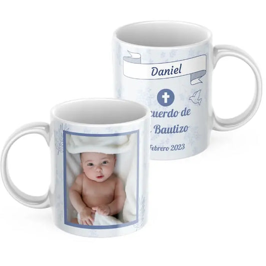 Taza bautizo azul con foto