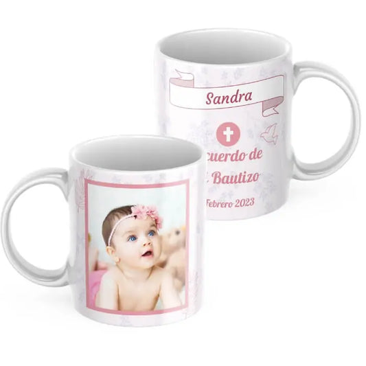 Taza bautizo rosa con foto