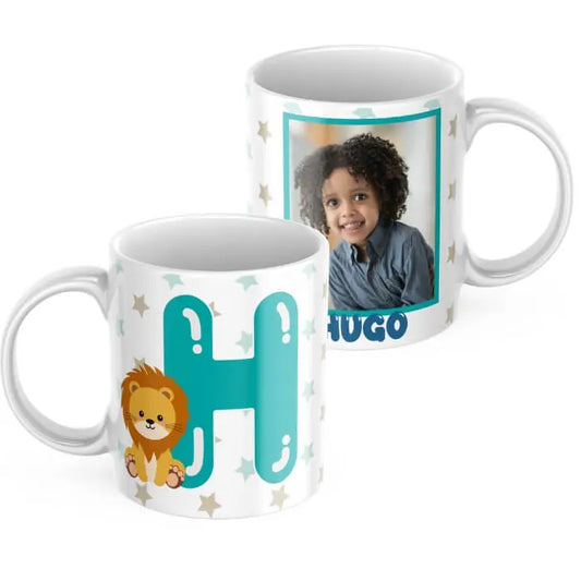 Taza infantil con inicial turquesa con animal, foto y nombre