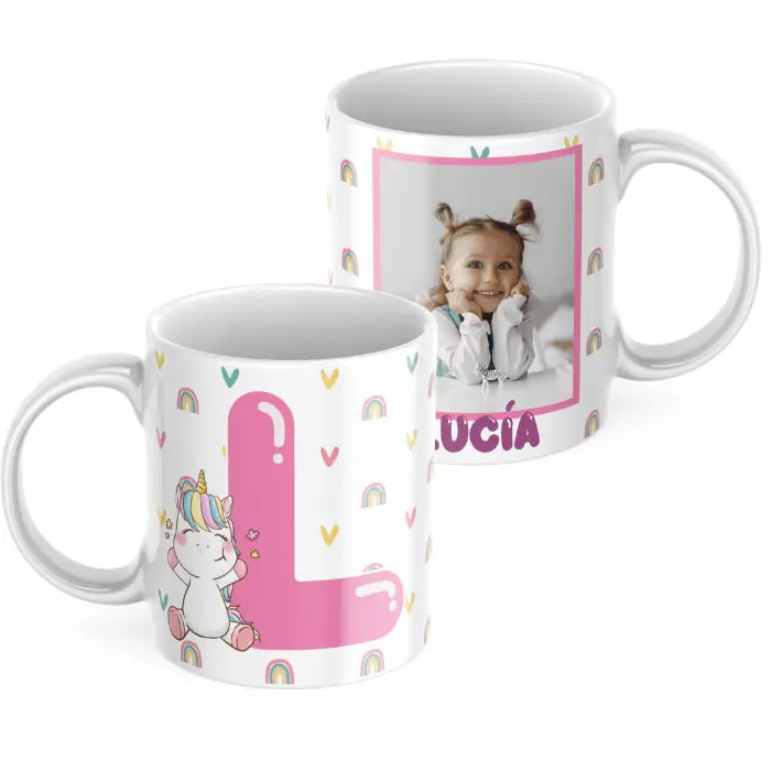 Taza infantil inicial rosa con animal, foto y nombre