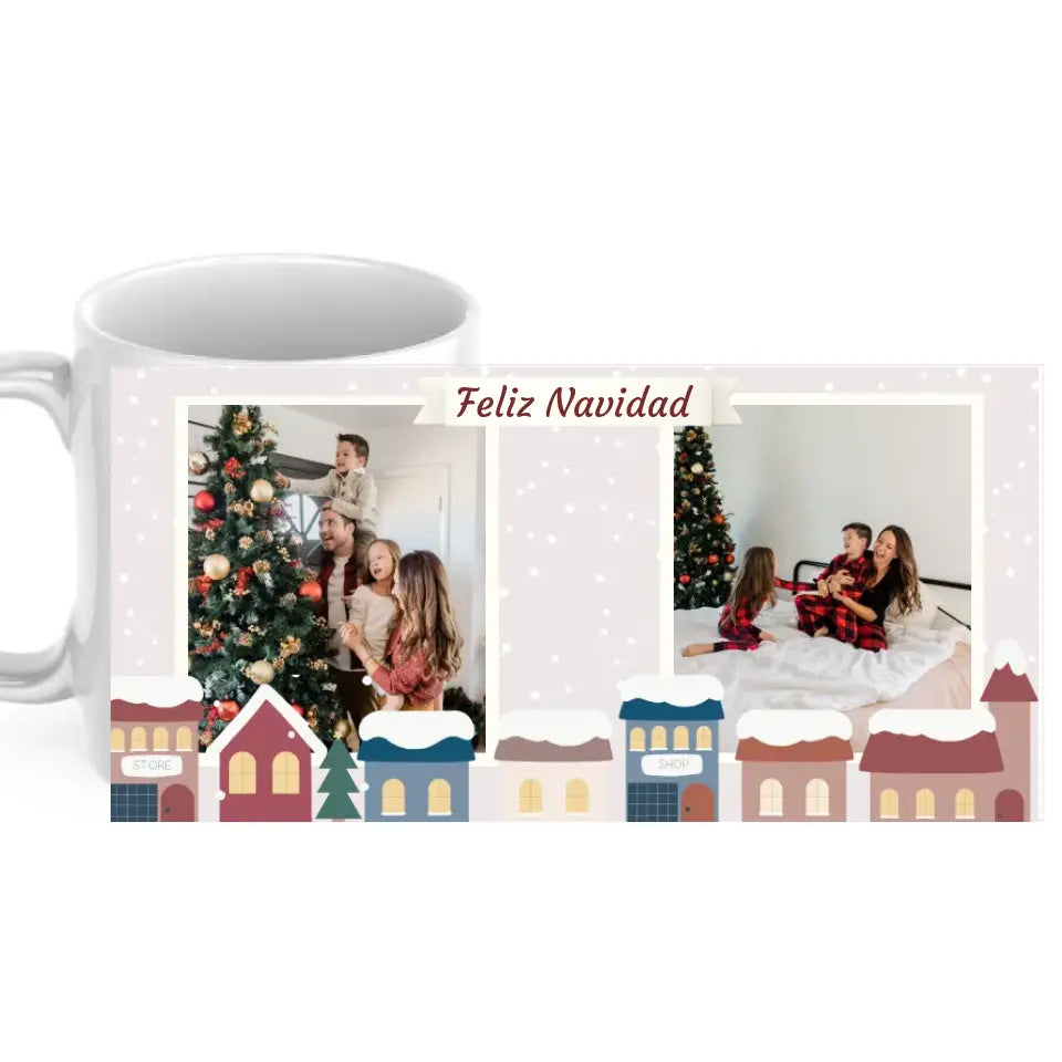 Taza poblado navideño con dos fotos