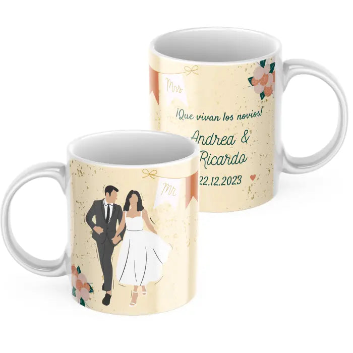 Taza novios floral con nombres, dedicatoria y fecha