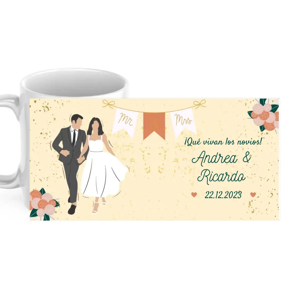 Taza novios floral con nombres, dedicatoria y fecha