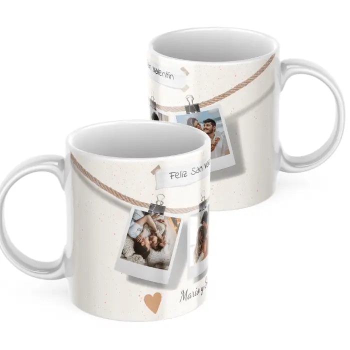 Taza pareja fotos polaroid colgadas con nombres y dedicatoria