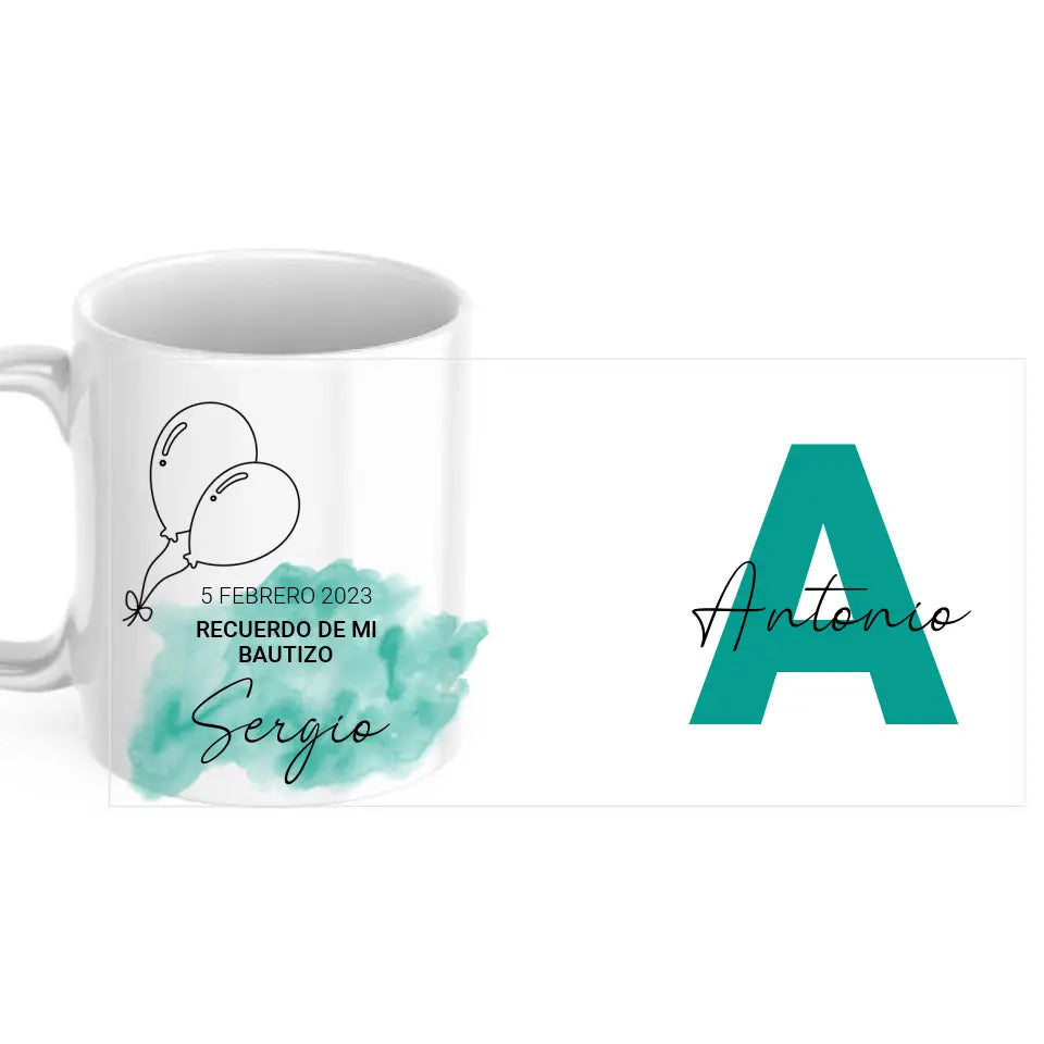 Taza recuerdo bautizo / comunión con inicial y nombre invitado (opción verde y rosa)