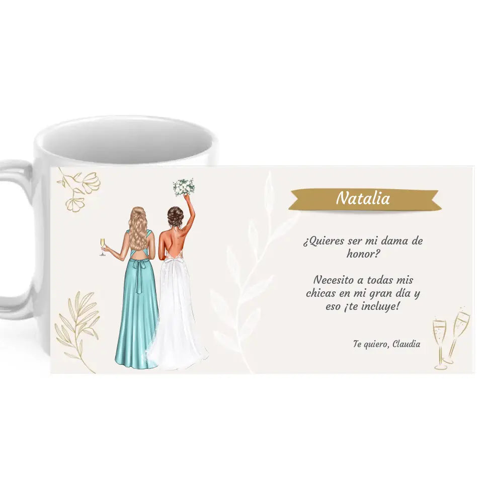 Taza dama de honor y novia con dedicatoria