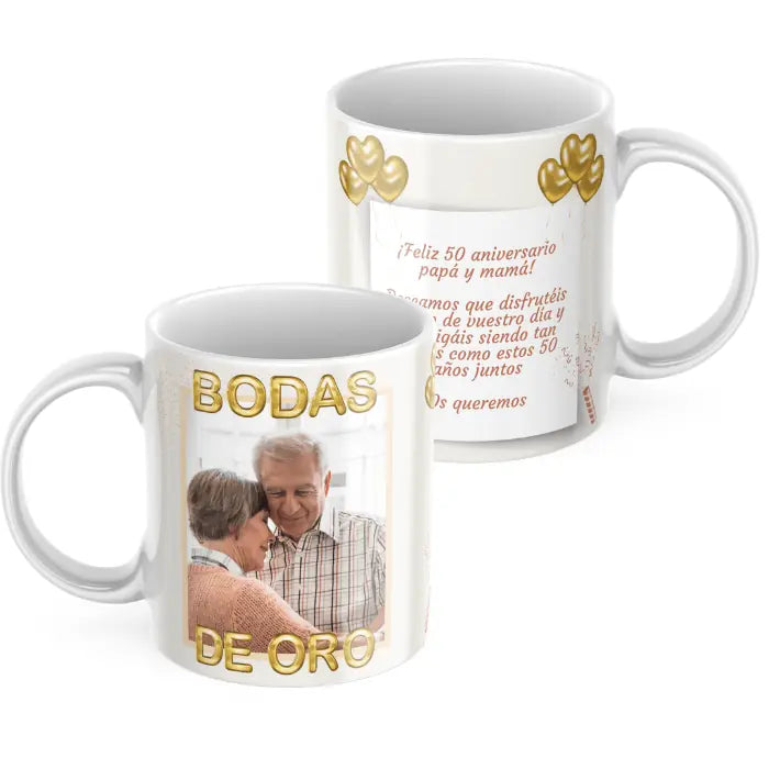 Taza bodas de oro con foto y dedicatoria