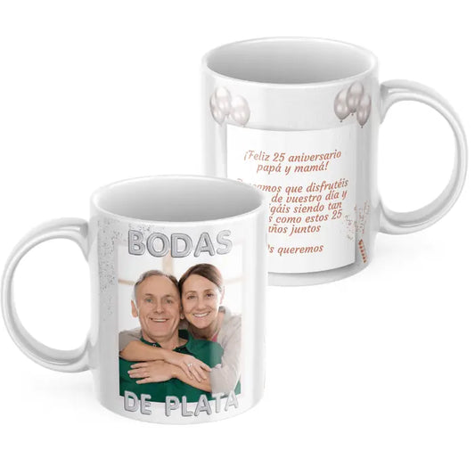 Taza bodas de plata con foto y dedicatoria