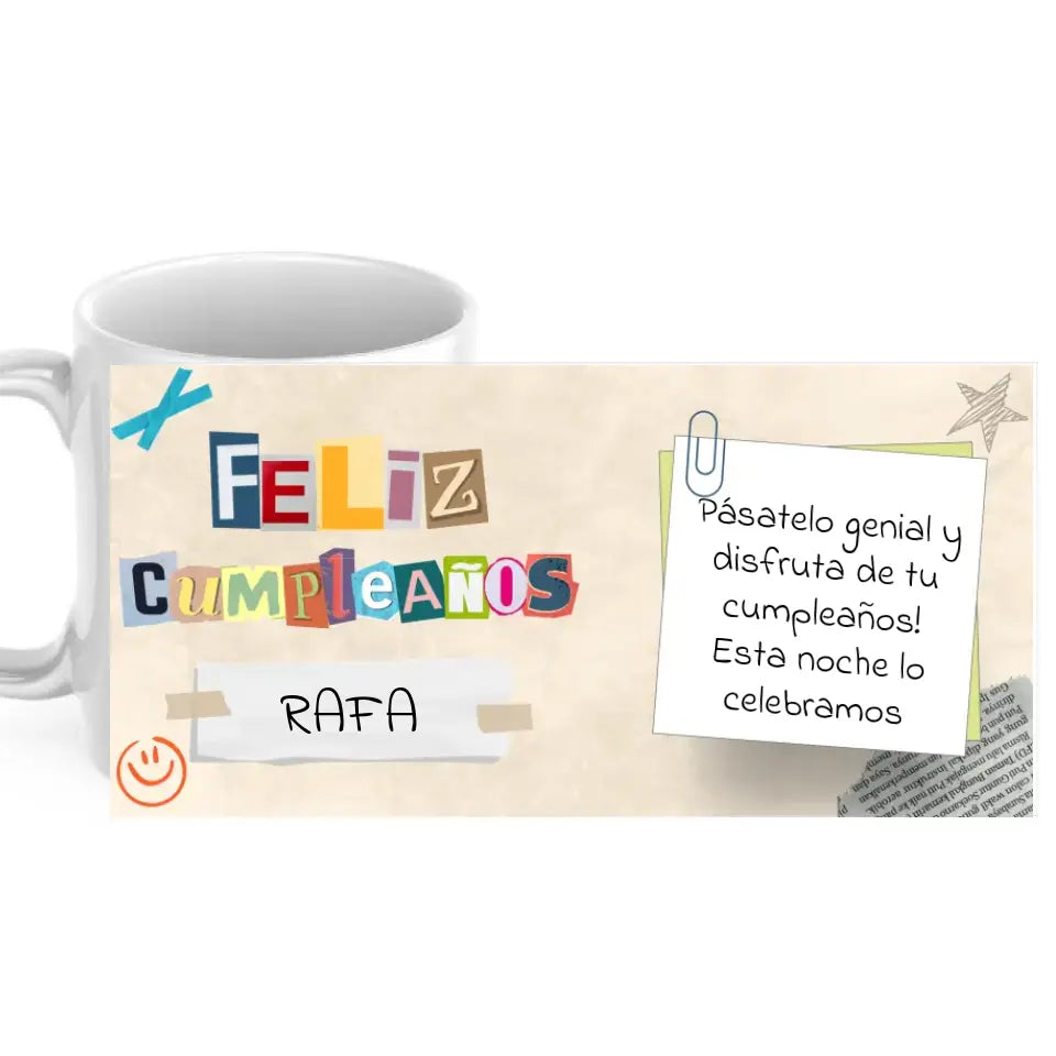 Taza cumpleaños recortes con nombre y dedicatoria