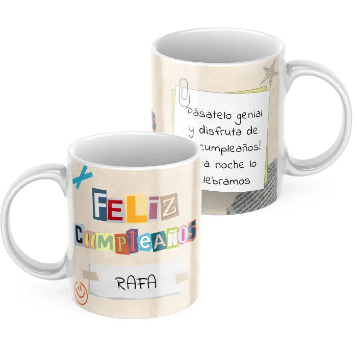 Taza cumpleaños recortes con nombre y dedicatoria