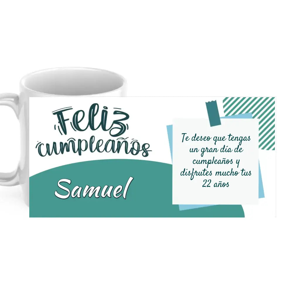 Taza cumpleaños verde con nombre y dedicatoria