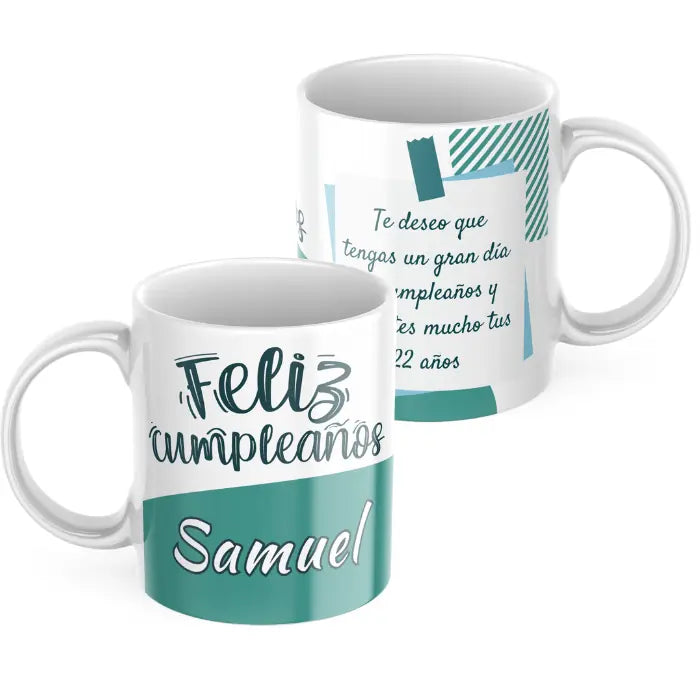 Taza cumpleaños verde con nombre y dedicatoria