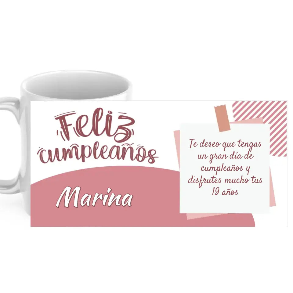 Taza cumpleaños rosa con nombre y dedicatoria