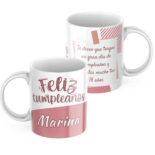 Taza cumpleaños rosa con nombre y dedicatoria