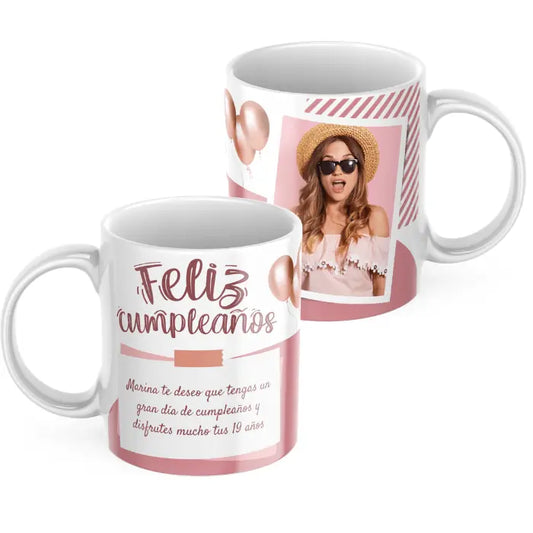 Taza cumpleaños rosa con foto y dedicatoria