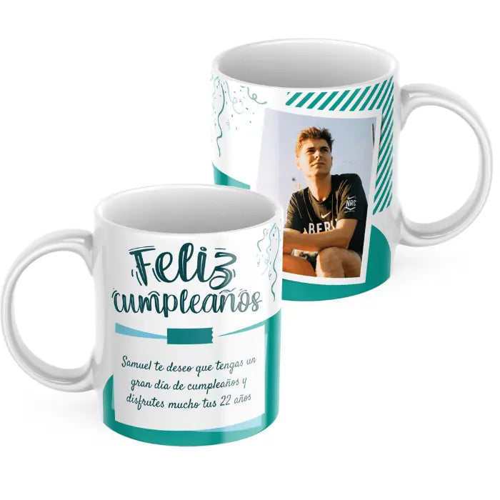 Taza cumpleaños verde con foto y dedicatoria