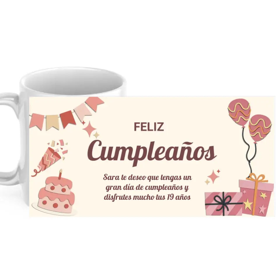 Taza cumpleaños globos rosa con dedicatoria