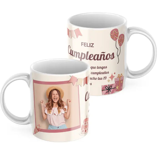 Taza cumpleaños globos rosa con foto y dedicatoria