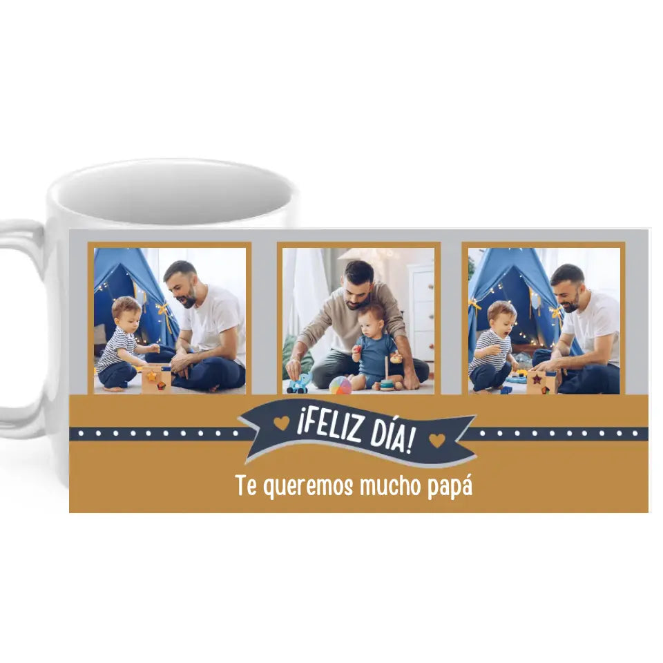 Taza feliz día con tres fotos y dedicatoria