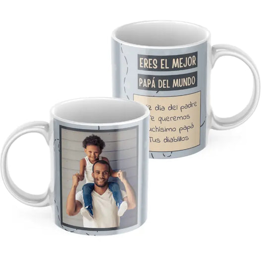 Taza eres el mejor papá del mundo gris con foto y dedicatoria