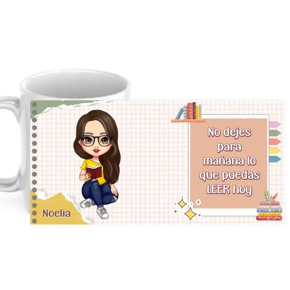 Taza chica lectora personalizada con nombre y dedicatoria