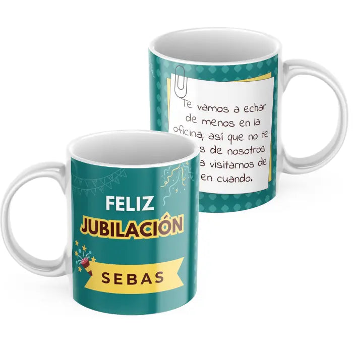 Taza jubilación verde con dedicatoria