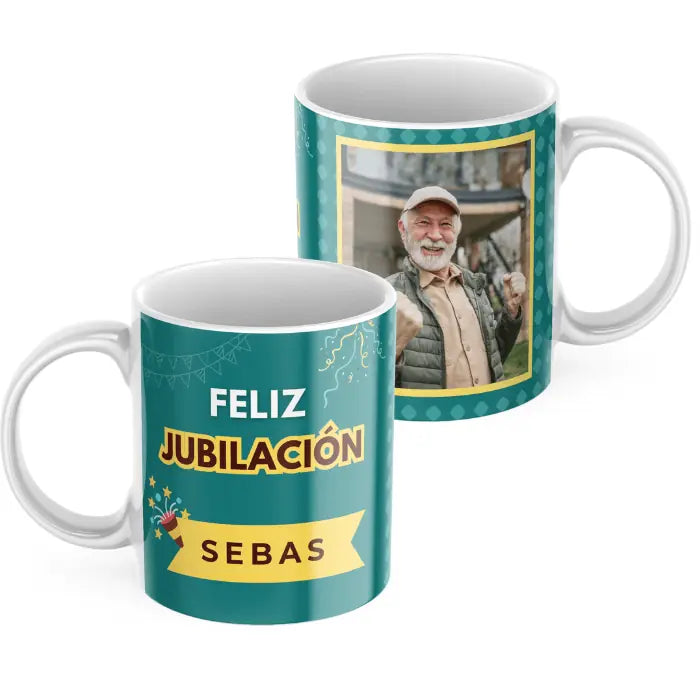 Taza jubilación verde con foto