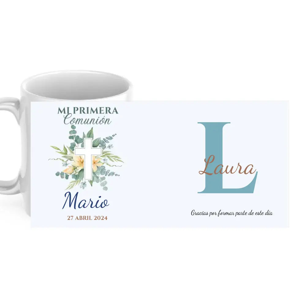 Taza comunión cruz con inicial y nombre invitados