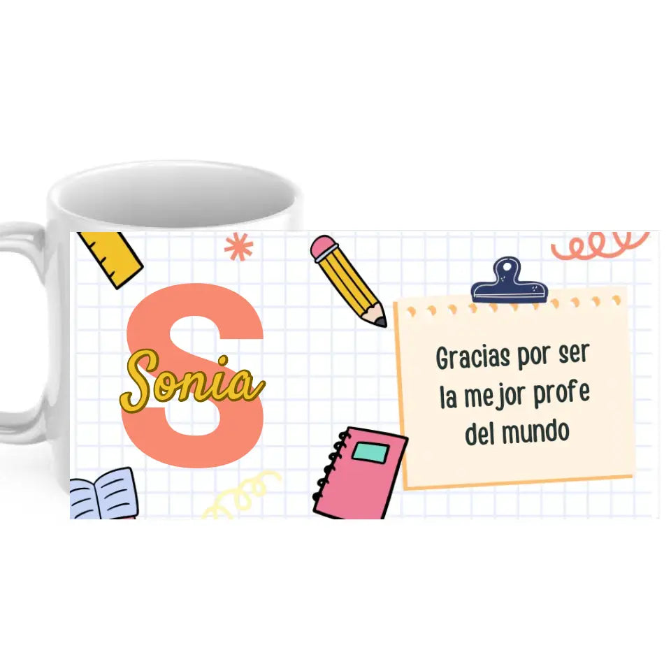 Taza profesores inicial con nombre y dedicatoria