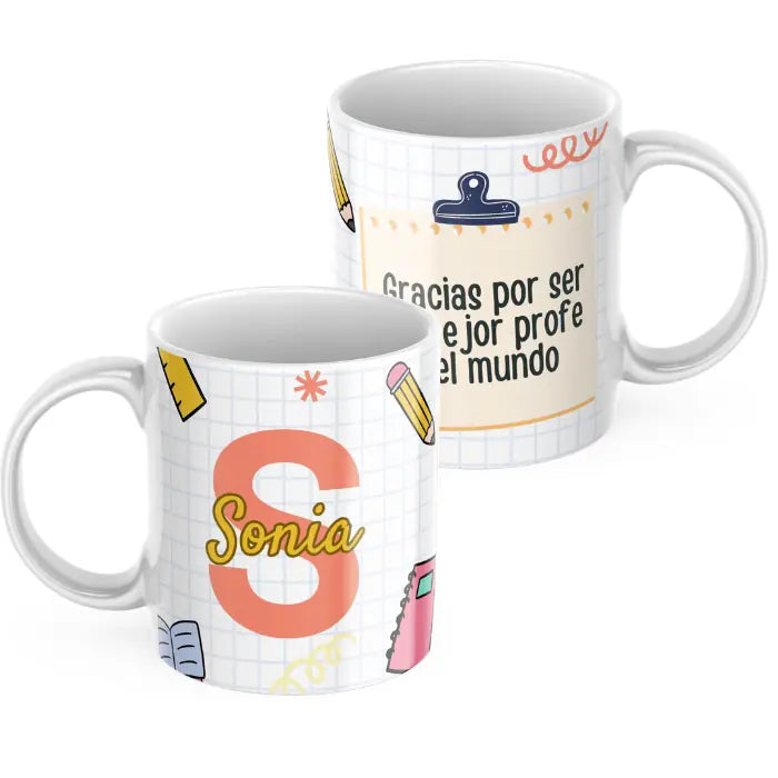 Taza profesores inicial con nombre y dedicatoria