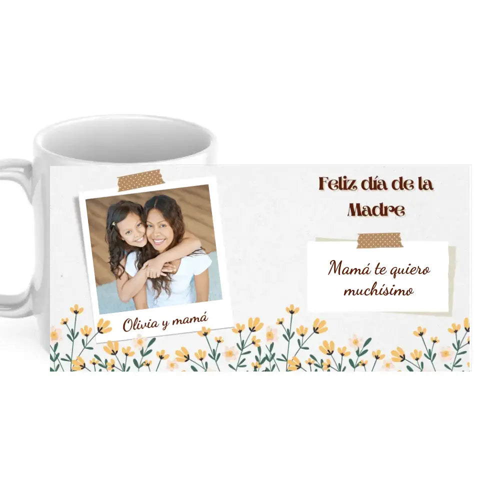 Taza día de la madre flores amarillas con foto y dedicatoria