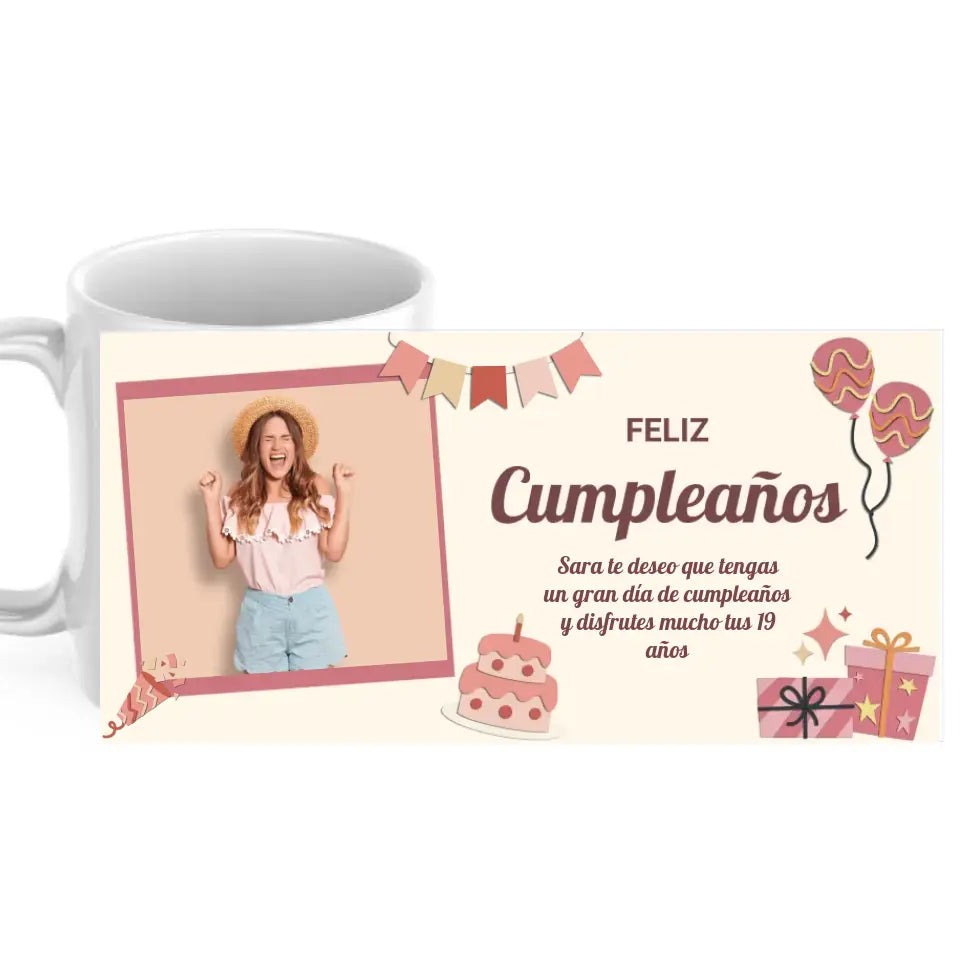 Taza cumpleaños globos rosa con foto y dedicatoria