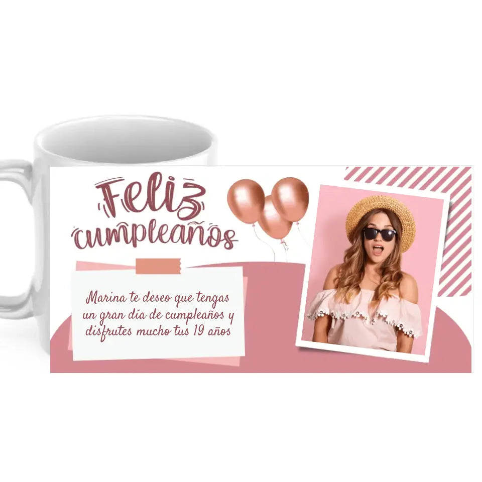 Taza cumpleaños rosa con foto y dedicatoria