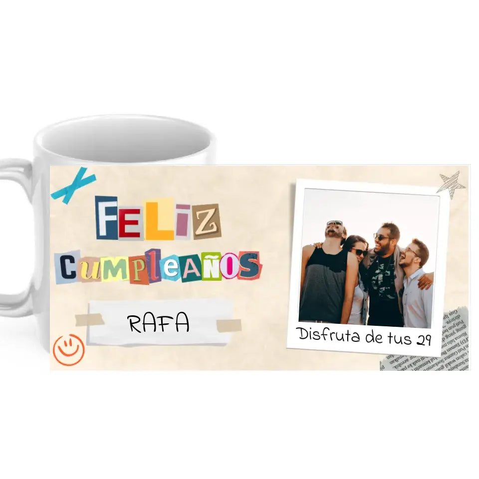 Taza cumpleaños recortes con nombre, foto y dedicatoria