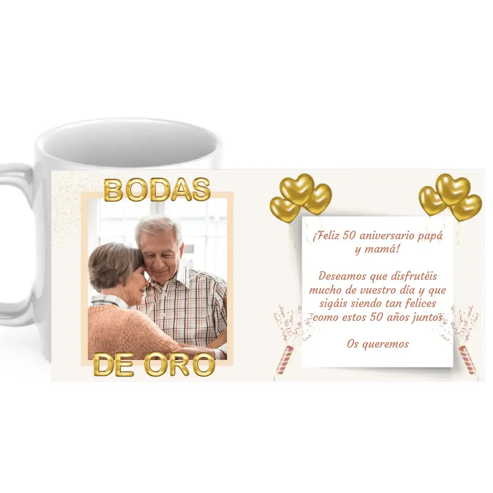 Taza bodas de oro con foto y dedicatoria