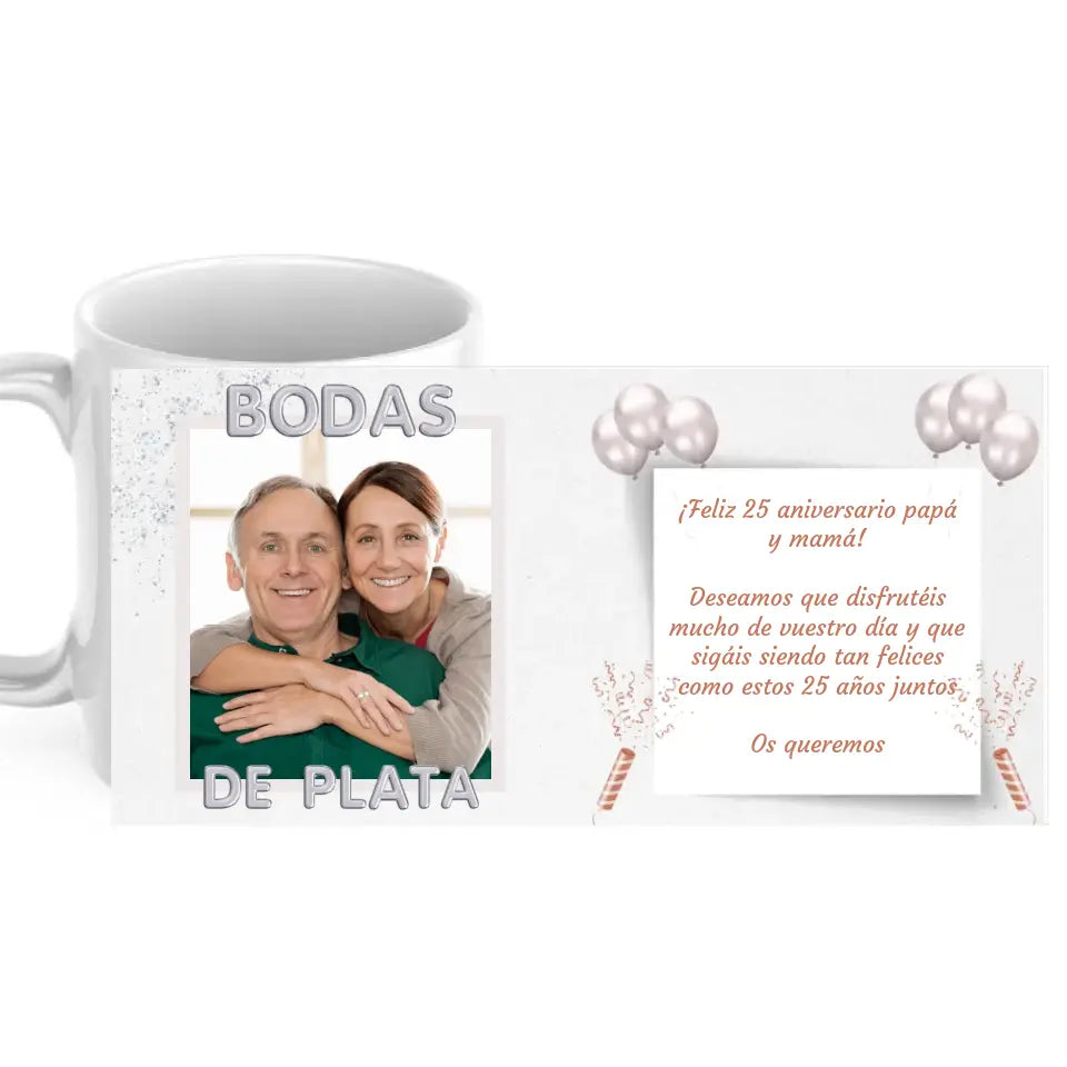 Taza bodas de plata con foto y dedicatoria