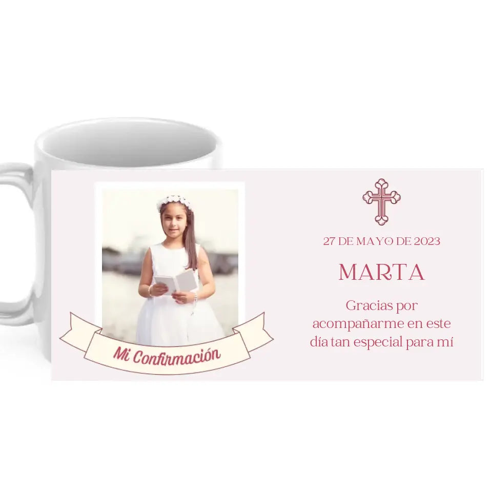 Taza confirmación rosa con foto y dedicatoria