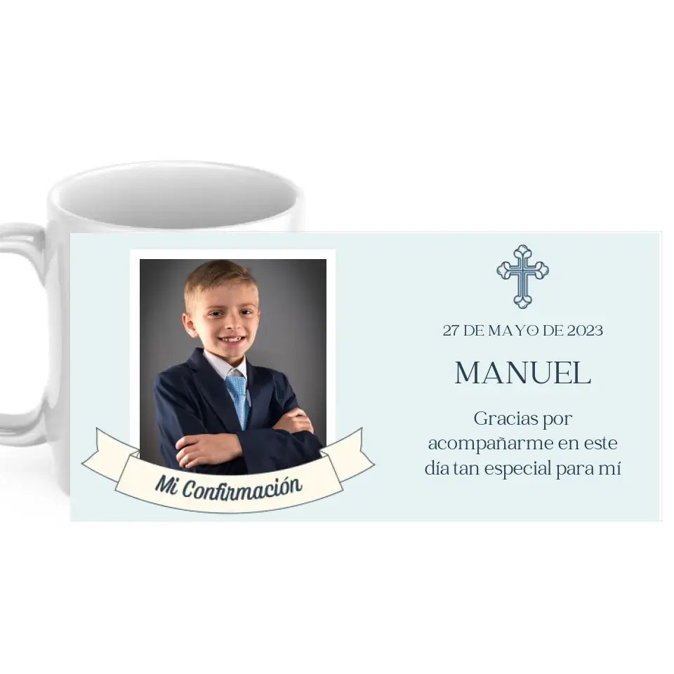 Taza confirmación azul con foto y dedicatoria