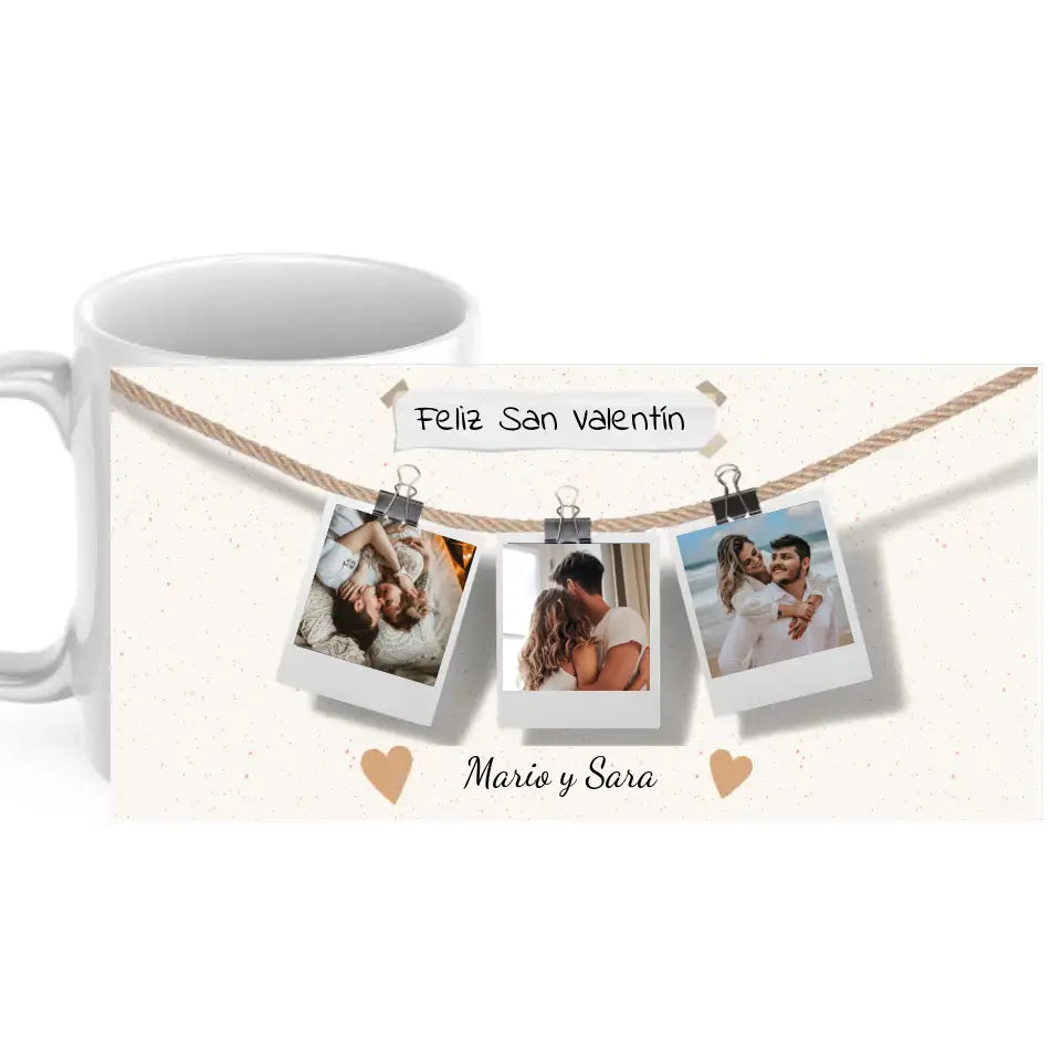 Taza pareja fotos polaroid colgadas con nombres y dedicatoria