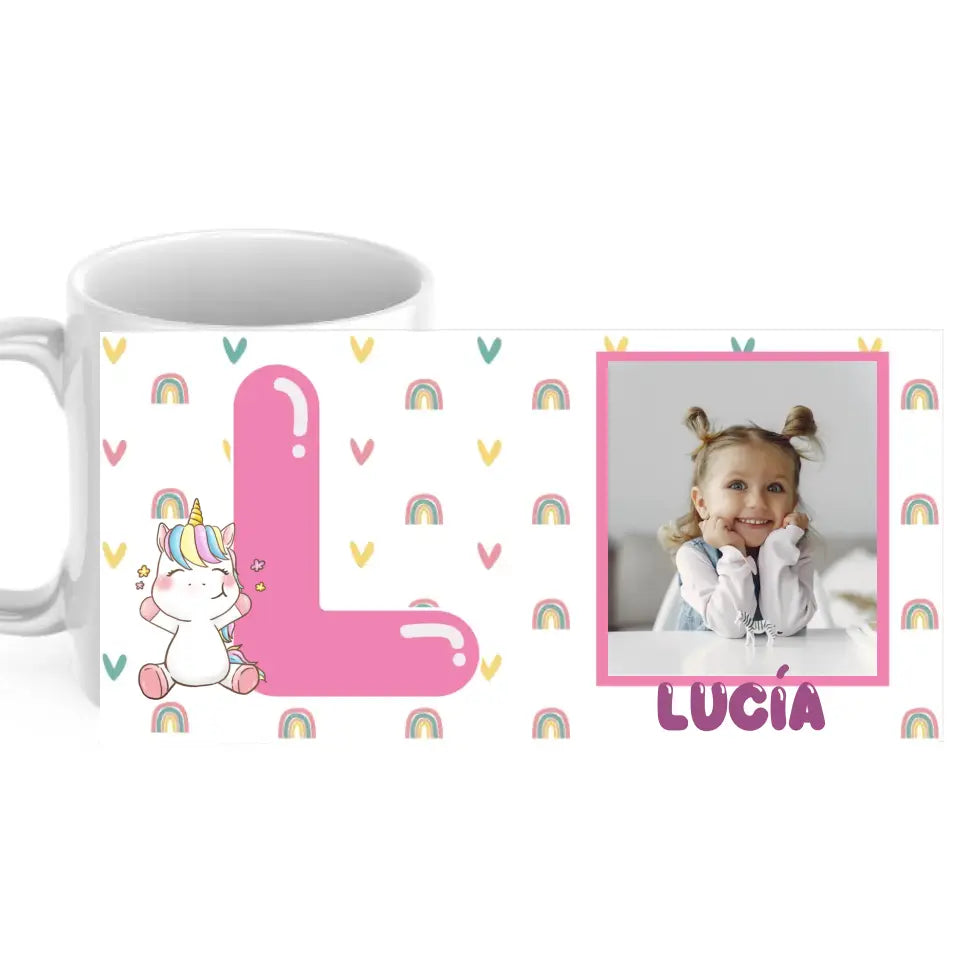 Taza infantil inicial rosa con animal, foto y nombre