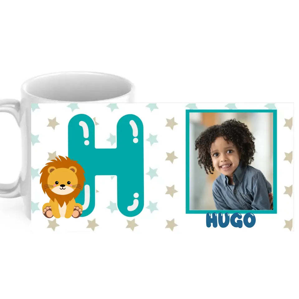 Taza infantil con inicial turquesa con animal, foto y nombre