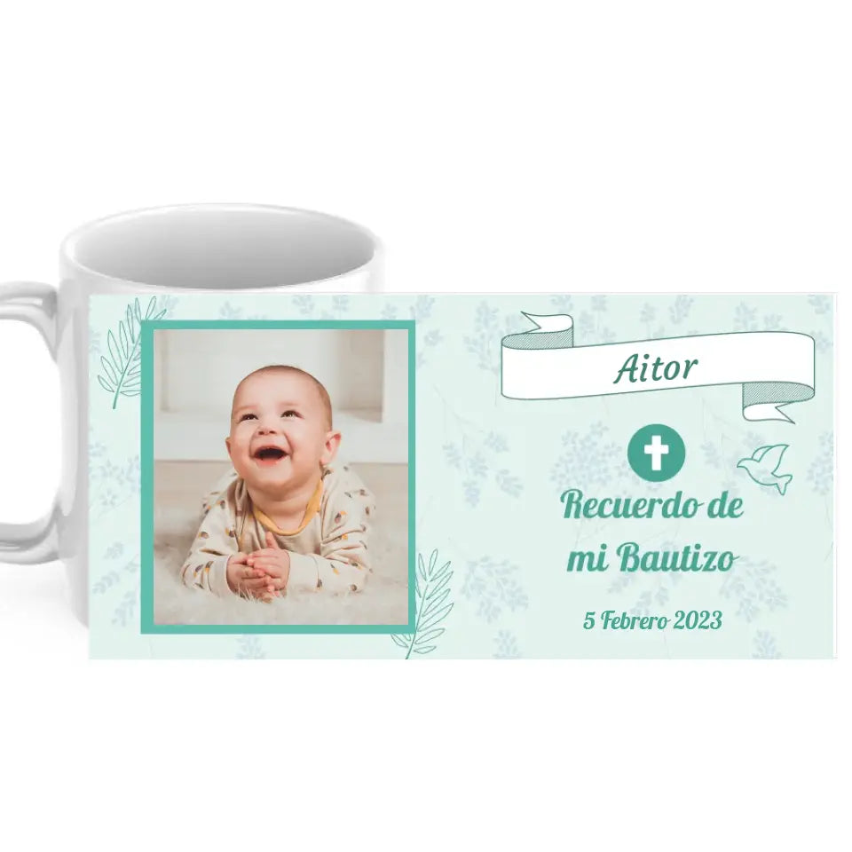 Taza bautizo verde con foto