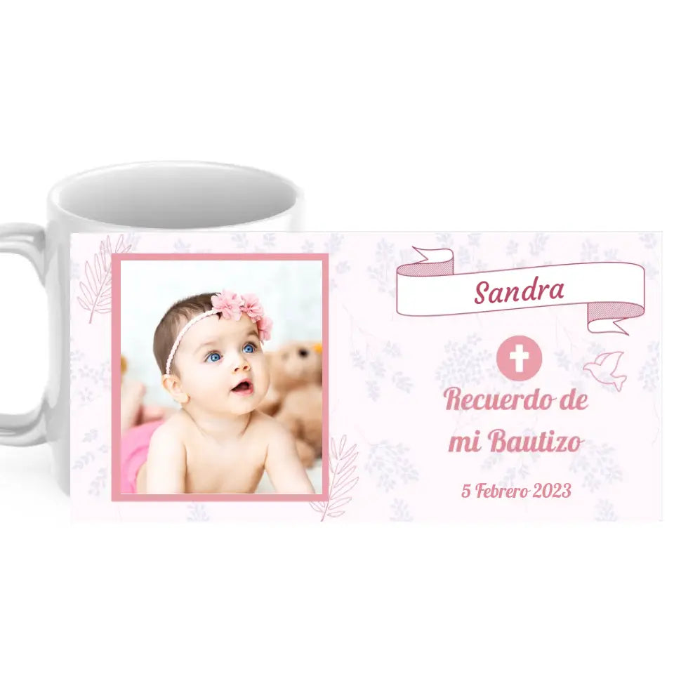 Taza bautizo rosa con foto