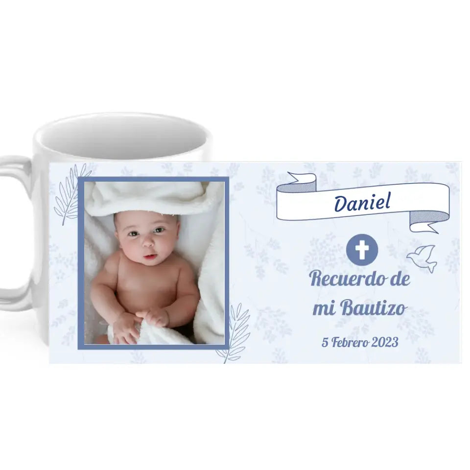 Taza bautizo azul con foto